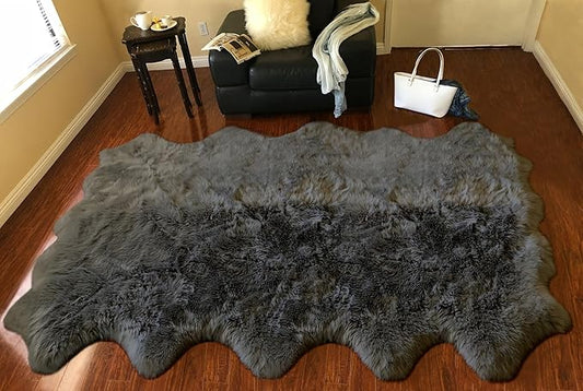 Free Shape Luxury Soft Fluffy Shag Area Rug Decto 10 Pelts 6'x10', 180x300cm - Vegan Fur Ultra Soft Indoor Carpet Nursery Rugs for Bedroom Home Decor, Dark Grey