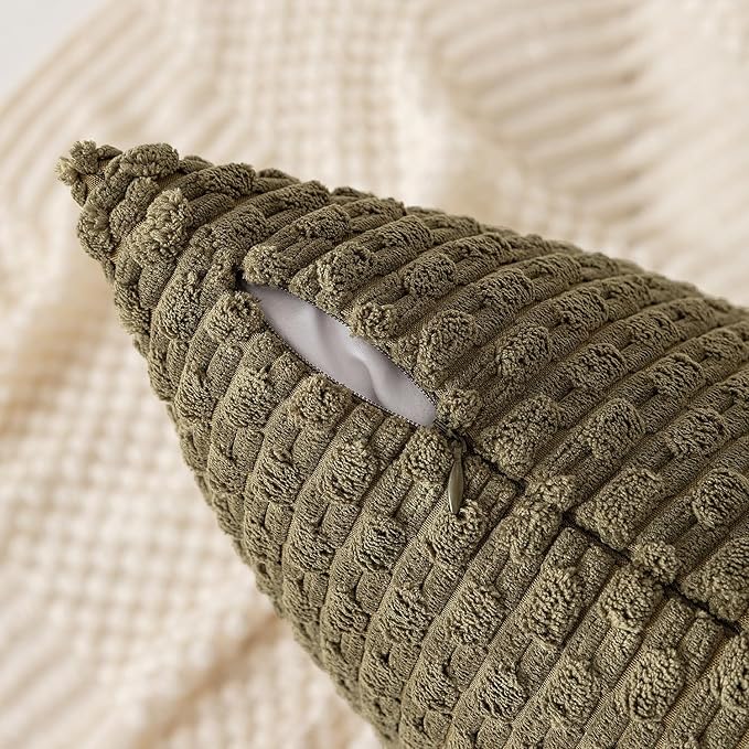 Kevin Textile Pack of 2 Corduroy Decorative Throw Pillow Covers 22x22 Inch Soft Boho Striped Pillow Covers Modern Farmhouse Home Decor for Spring Sofa Living Room Couch Bed Olive Green