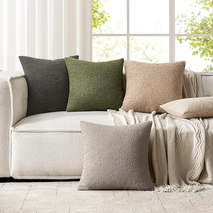 Woaboy Pack of 2 20x20 Inch Decorative Boucle Throw Pillow Covers Textured Square Pillowcaes Accent Solid Cozy Soft Cushion Covers Home Decor for Sofa Couch Living Room Home Decor,Neutral