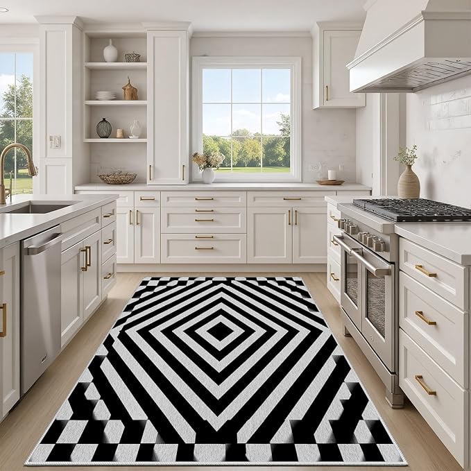Black and White Rug 3x5, Checkered Soft Thin Indoor Floor Mats Carpet, Non-Slip Stain Resistant Washable Rugs, Modern Rhombus Geometric Rugs for Living Room, Farmhouse Rug