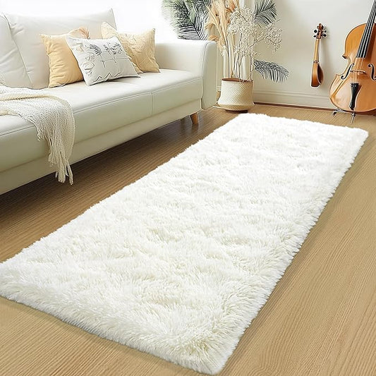 Fluffy Runner Rugs for Bedroom Hallways, 2x6 Runners for Hallways Fluffy Shag Throw Area Rug Non Slip for Bedside Dorm, Shag Rugs for Girls Boys Bedroom, Floor Carpet Runner for Kids Dorm, Cream White