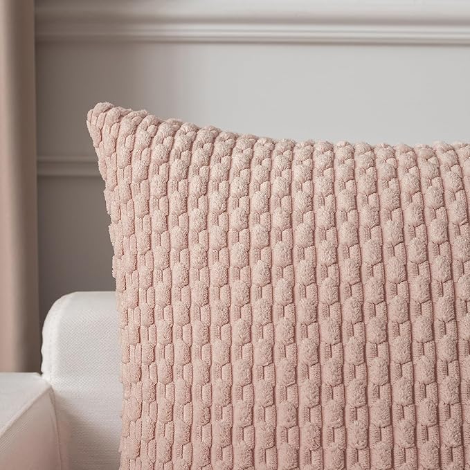 Kevin Textile 2 Packs Light Pink Decorative Throw Pillow Covers 16x16 Inch for Living Room Couch Bed Sofa Valentines Day Gifts Soft Striped Corduroy Square Cushion Case Farmhouse Boho Home Decor