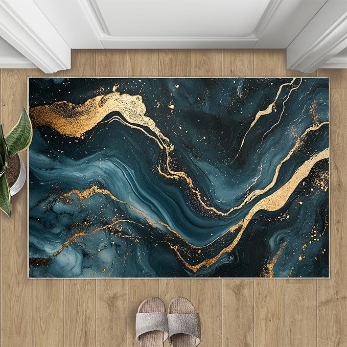 Marble Washable Area Rugs 6x8 Non-Slip Fluid Art Living Room Rug Gold Lines Soft for Carpet Low Pile Indoor Door Mat & Room Decor