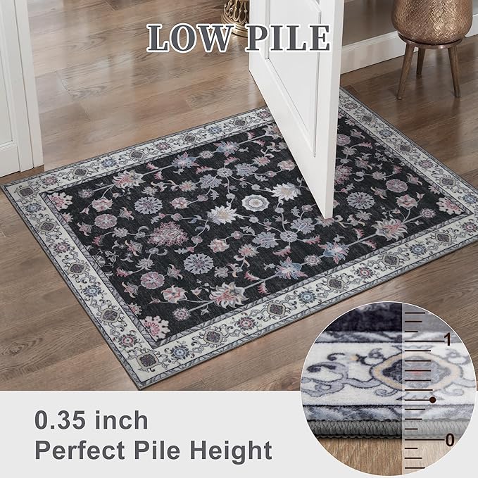 Tangsoo Washable Runner Rug for Hallway Non Slip, 2x6 Boho Floral Vintage Carpet Runner Rugs for Entryway, Floor Low Pile Runners for Kitchen Bathroom Laundry Bedroom Alfombra Black Red Farmhouse