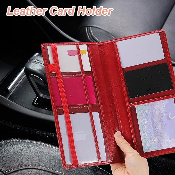HARFINGTON Car Registration and Insurance Holder 9.45" x 5.04" PU Leather Vehicle Glove Box Organizer Storage Accessories Men Women Car ID Holder for License ID Card Bank Card, Red