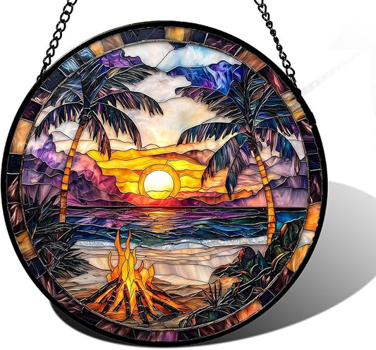 Stained Glass Window Hanging,Bonfire Beach Landscape Suncatcher Diamond Glass Panel Sun Catchers Decor for Birthday for Women, Men, Wife, Aunt, and Mom 6.3 in