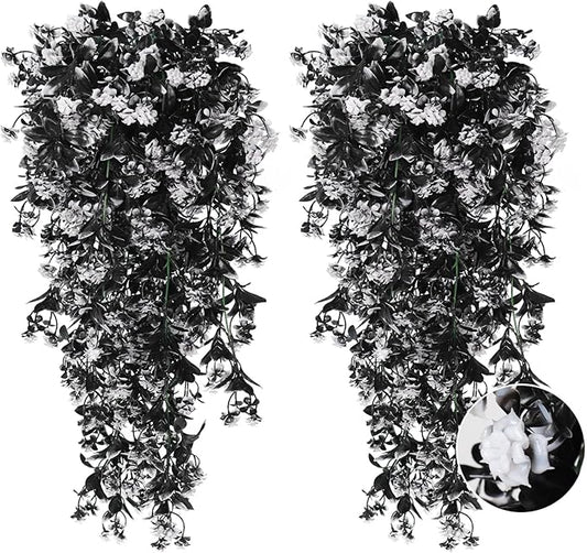 RECUTMS Realistic Artificial Black Hanging Plants Pack of 2 Faux Black Hanging Plant Outdoor Indoor with Lights LED Fairy String Rose Fake Hanging Flwers Decor for Office House (Black and White)