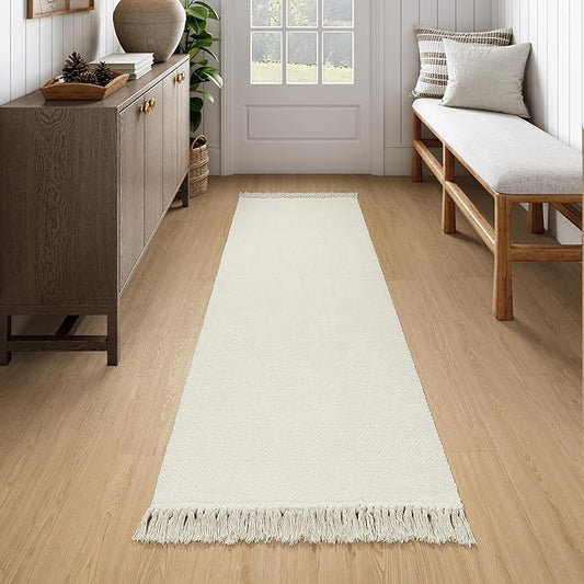 Collive Long Hallway Runner Rug 2.6' x 7', Washable Runners Indoor Entryway Rug, White/Beige Braided Woven Kitchen Carpet Low Profile Front Door Mats for Laundry Room Bedroom Doorway