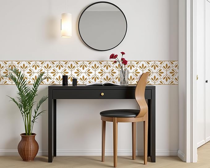 FLFK Wallpaper Border Gold and White Patterns Peel and Stick Wall Border Self Adhesive Wallpapers for Living Room Bedroom Kitchen Bathroom 10"x240"
