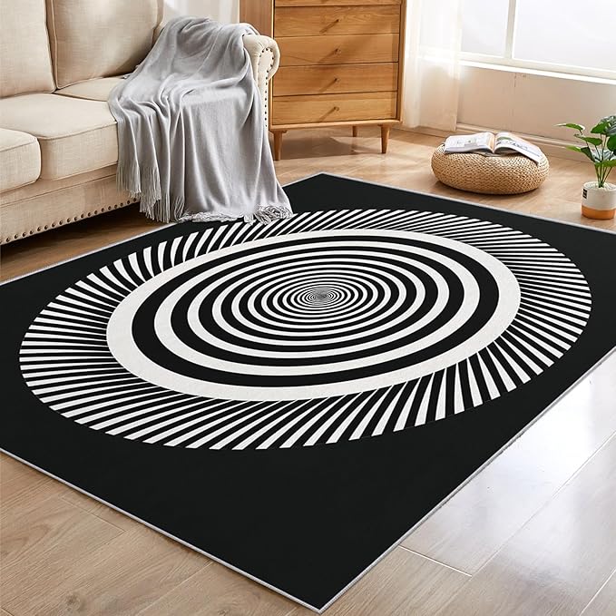 Black and White Circle Rugs for Home Decor, 3x5 ft, Abstract Op Art Area Rugs for Living Room, Soft Non Slip Washable Modern Geometric Carpet Bedroom Decorations Dt-Ghf-31
