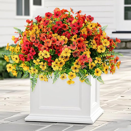Artificial Faux Plants Flowers Outdoor Decoration,18 Bundles Fake Silk Colorful Daisy Eucalyptus Realistic UV Resistant for Outside Home Planter Porch Patio Yard Decor (Yellow Red)