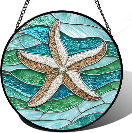 Stained Glass Window Hanging Teal Sea Waves Starfish Large 11.8" - Suncatcher Door Garden Sun Catcher Home Decor Birthday Mother's Day for Mom Men Woman Parents Her Child Nana