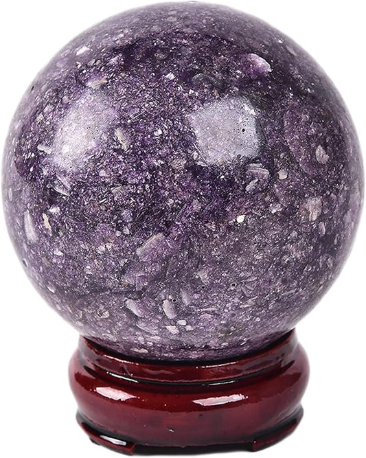 JIC Gem Deep Purple Lepidolite Sphere with Stand Natural Sparkling Lithia Mica Crystal Ball Brazil Mineral Gemstone (70-80mm)