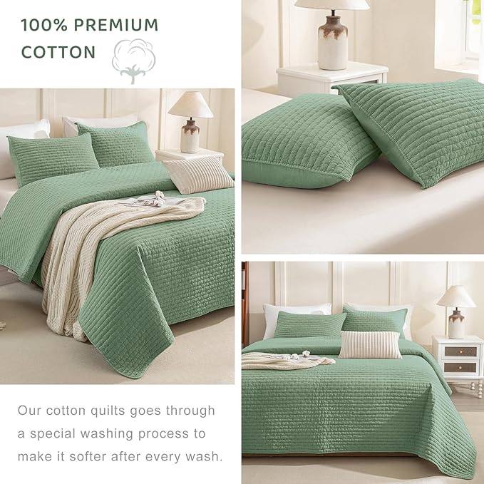 Sanracie Stonewashed Oversized King Quilt(120"x120"), Cotton Green Cross Stitch Pattern California King Quilt Sets 3Pcs Ultra Soft Breathable Crinkle Bed Coverlet Set for All Season