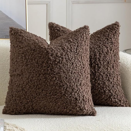 Yaertun Pack of 2 Faux Fur Throw Pillow Covers Decorative Sherpa Boucle Pillow Covers Fuzzy Soft Pillowcases Sheepskin Fleece Cushion Case for Couch Sofa Bed Living Room 26x26 Inch Chocolate