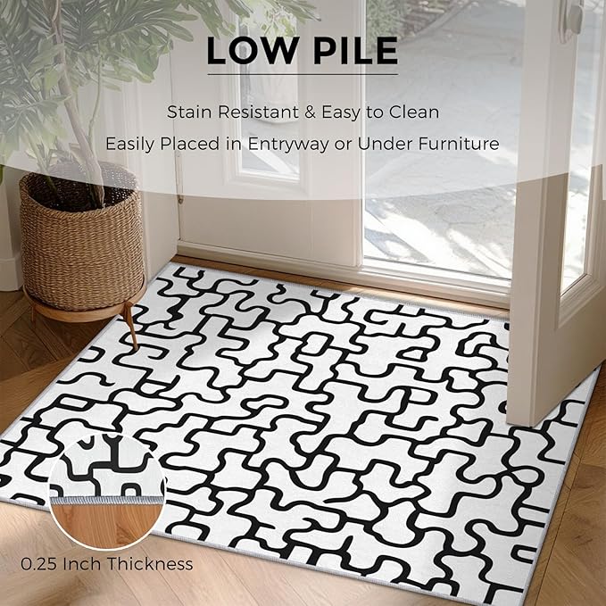 Abstract Geometric Rugs for Home Decor, 5x7 ft, Black and White Labyrinth Area Rugs for Living Room, Soft Non Slip Washable Modern Abstract Line Carpet Bedroom Decorations Dt-Ghf-31