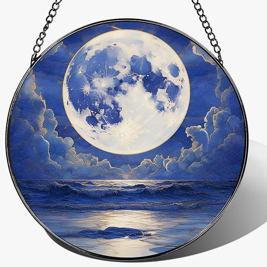 8'' Full Moon Over Ocean Sun Catcher Ornament, Stained Glass Window Hanging, Suncatchers for Windows Hanging Ornaments, Window Decor | Ideal Gift, Mother's Day, Christmas, Birthday Gifts