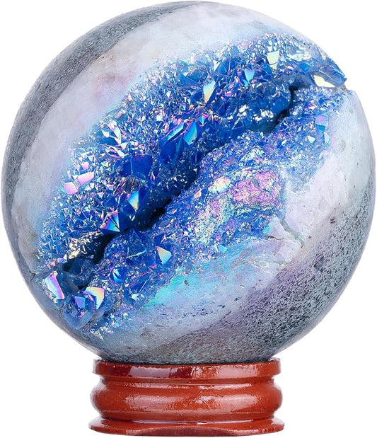 Sportmusies Titanium Coated Rock Crystal Geode Ball with Wooden Stand, Druzy Quartz Stone Cluster Sphere Reiki Home Office Decoration, Blue