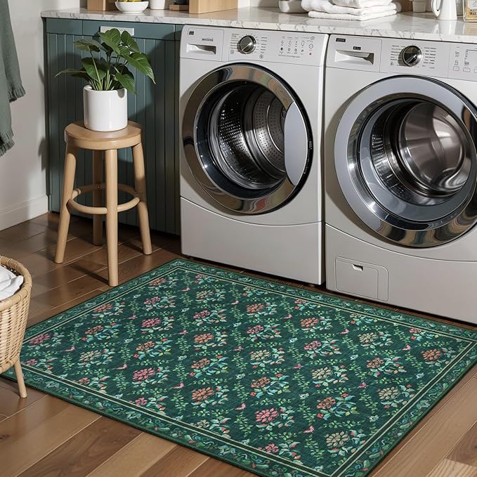 Tangsoo 2x6 Washable Runner Rug for Hallways, Non Slip Green Floral Carpet Runner, Soft Low Pile Floor Carpet Runner for Kitchen, Laundry, Bedroom, Bathroom, Living Room Home Decor