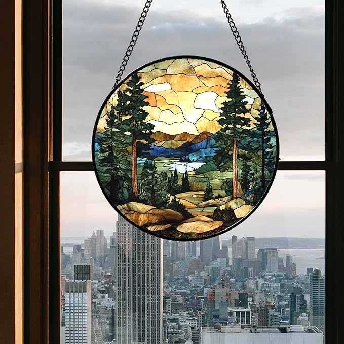 Stained Glass Window Hanging Forest Lake Mountain Sunset Large 11.8" - Suncatcher Door Garden Sunroom Sun Catcher Home Decor Birthday Christmas for Mom Men Woman Nana Friend