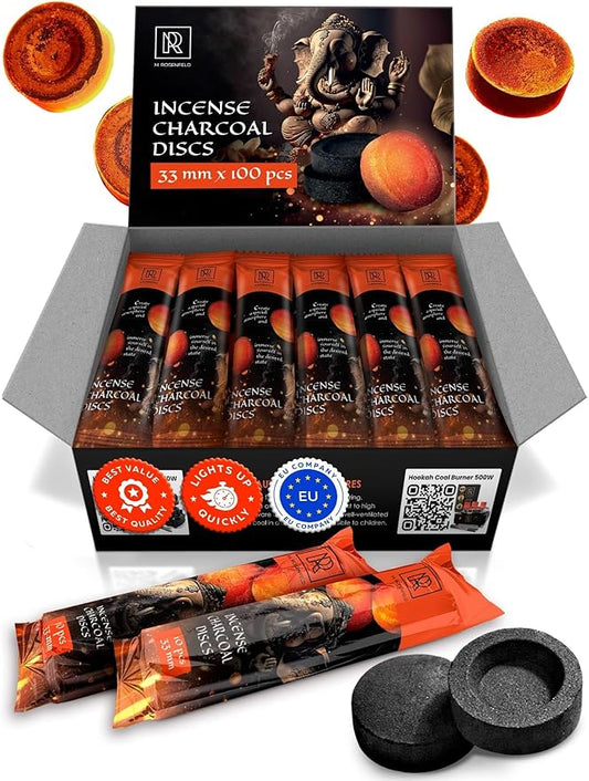 Charcoal Discs to Burn Incense - 100 pcs Charcoal for Incense Burning - 33 mm Most Quick Light Coals Tablets by M. ROSENFELD - 33 mm Resin Burner Rolls – Pack of 100 Instant Fire Coal Tablets