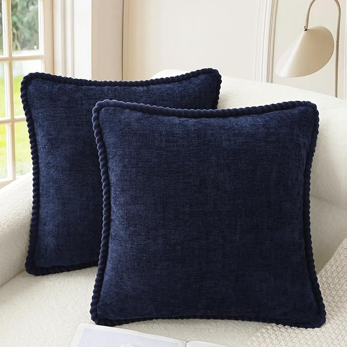 CaliTime Decorative Couch Throw Pillow Covers 20 X 20 Inches Pack of 2 Cozy Chenille Piping Edge Cushion Cases for Sofa Bed Living Room Home Navy Blue