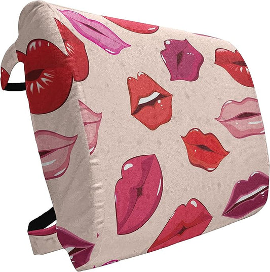 Ambesonne Kiss Lumbar Pillow, Repetitive Woman Lips in Warm Toned Listicks, Soft Back Cushion for Office Chairs with Adjustable Straps, 14" x 13", Rose Red