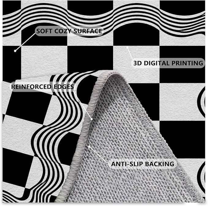 Checkered Area Rug, Checkerboard Rug, Geometric Plaid Washable Rugs, Modern Checkered Area Rugs 4x5, Wavy Line Carpet Non Slip for Bedroom Retro Home Decor