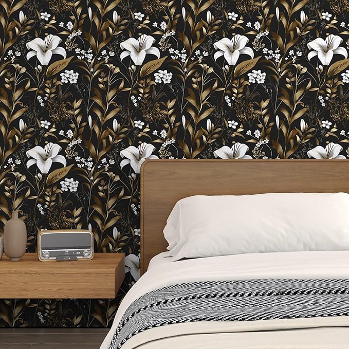 Black White Floral Wallpaper Peel and Stick, Dark Gold Vintage Contact Paper 17.5" x 393", Golden Botanical Wall Paper Self Adhesive Removable Waterproof for Bedroom Cabinet Drawer Table Decor