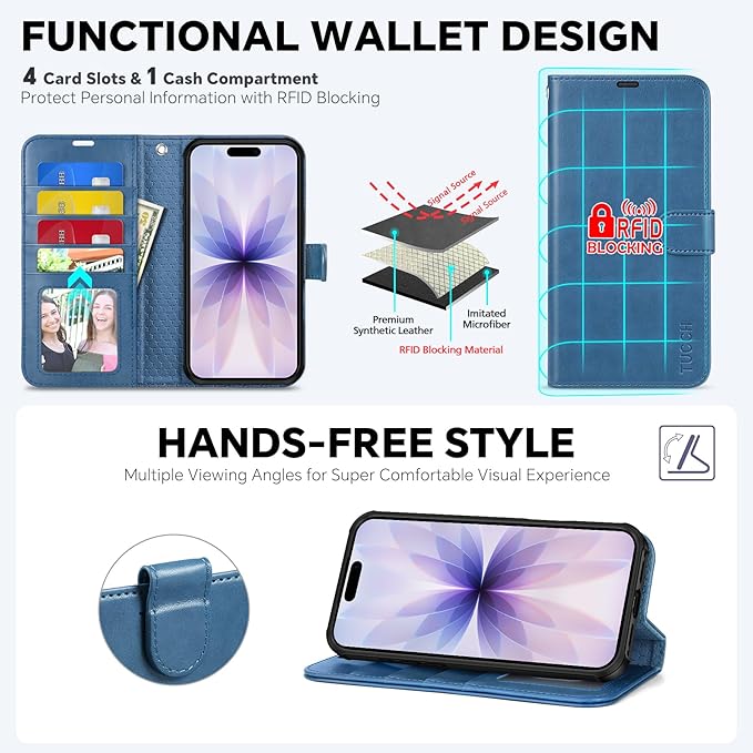 TUCCH Detachable Case Wallet for iPhone 17 (6.3") 2025, Wrist Strap | 4 Card Slots RFID Blocking | Wireless Charging | Stand | 2-in-1 Magnetic | PU Leather | Shockproof Folio Cover | Light Blue