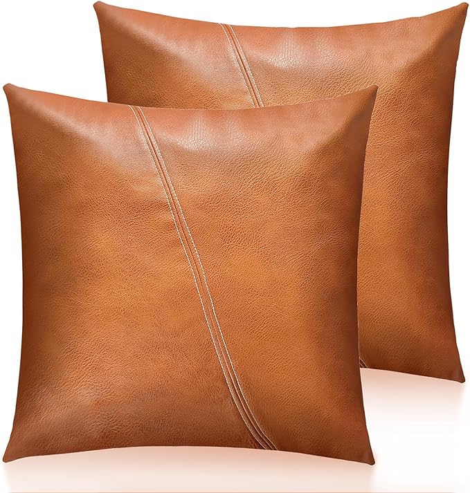 Faux Leather Throw Pillow Covers 22X22 Inch Barcelona Brown Outdoor Modern Farmhouse Solid Decorative Pillow Covers for Room Couch Living Bedroom Bed Sofa
