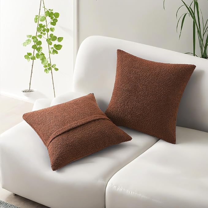 HAUSSY Set of 2 22x22 Decorative Throw Pillow Covers, Soft Cozy Textured Boucle Couch Cases, Home Decor for Couch Bed Living Room, Rust