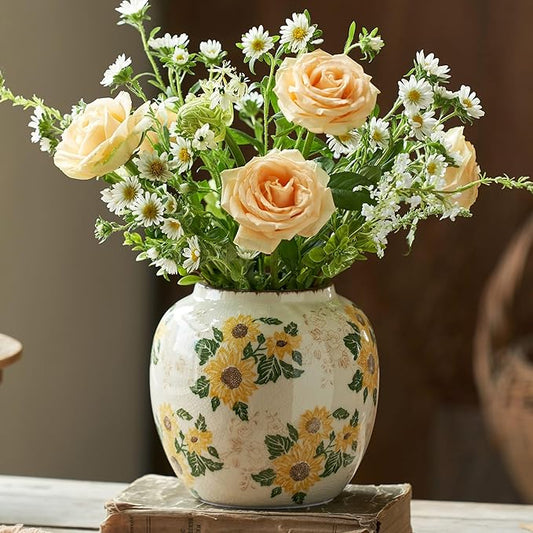 Vintage Round Pastoral Vase, 6.7 inch Yellow and Beige Sunflower Rustic Farmhouse Antique Ceramic Floral Vases, Retro Ice Cracked Chinoiserie Vase for Home Decor Living Room Bookshelf