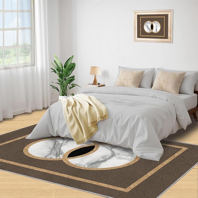 Brown Marble Bedroom Rug Vintage Mid-Century Geometric Rug Marble Pattern Decor Rugs Circle Rectangle Gilded Geometry Floor Mat Elegant Decor for Living Room 3x4ft