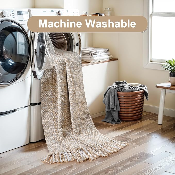 Collive Boho Runners for Hallways 2x7 ft, Washable Kitchen Runner Rug Low-Profile Neutral Indoor Entryway Rug, Tan/Cream Braided Cotton Floor Carpet for Laundry Room Bedroom Doorway