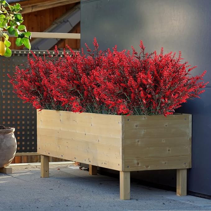 RECUTMS 12 Bundles Artificial Flowers Outdoor Fake Flowers for Decoration UV Resistant No Fade Faux Plastic Plants Garden Porch Window Box Décor, Flores Artificiales para Decoracion(Red)
