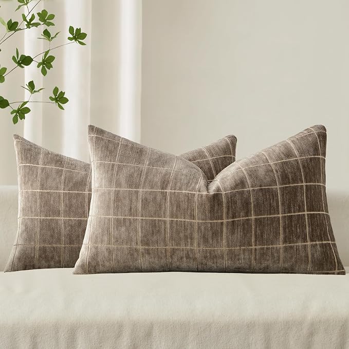 MIULEE Decorative Chenille Check Lumbar Throw Pillow Covers Vintage Plaid Couch Pillows 12x20 Inch Set of 2 Neutral Boho Farmhouse Cushion Covers Spring Decor for Sofa Bed Living Room Taupe Grey