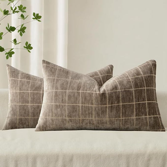 MIULEE Decorative Chenille Check Lumbar Throw Pillow Covers Vintage Plaid Couch Pillows 12x20 Inch Set of 2 Neutral Boho Farmhouse Cushion Covers Spring Decor for Sofa Bed Living Room Taupe Grey