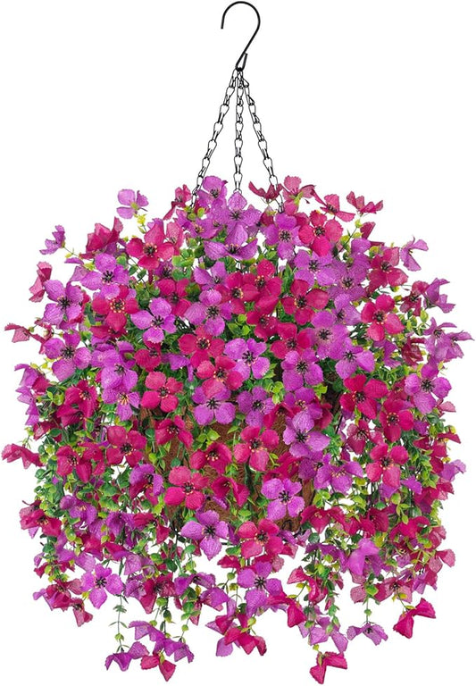 Artificial Hanging Flowers Plants with Basket for Outdoors, Realistic Faux Silk Daisy Flower Eucalyptus for Spring Decor, UV Resistant Fake Plants for Porch Patio Yard Balcony, Purple Violet