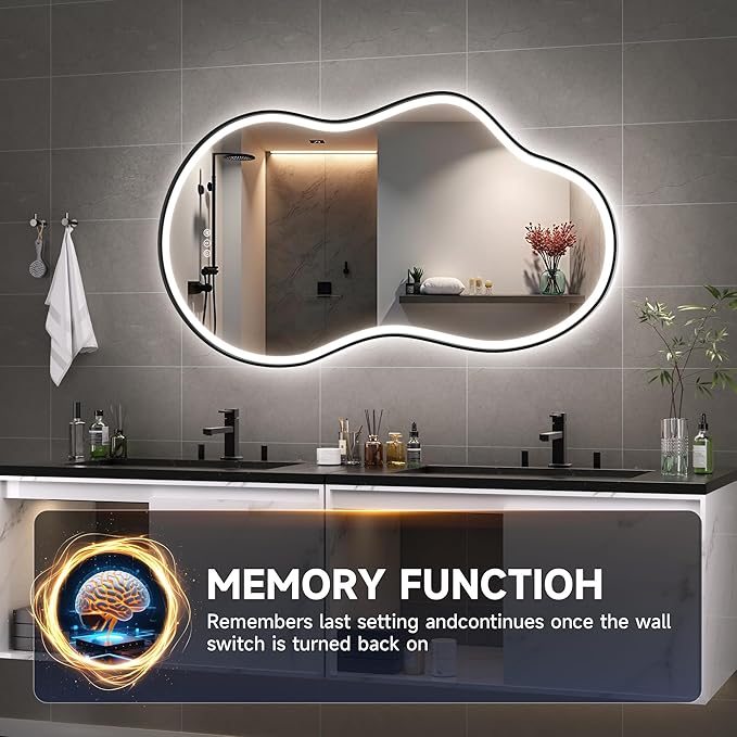 Hasipu Irregular Bathroom Mirror with Lights - 25"x45" LED Asymmetrical Wall Mirror, Abstract Modern Lighted Vanity Mirror for Wall, Anit-Fog, Dimmable, Memory, Vertical/Horizontal (Black