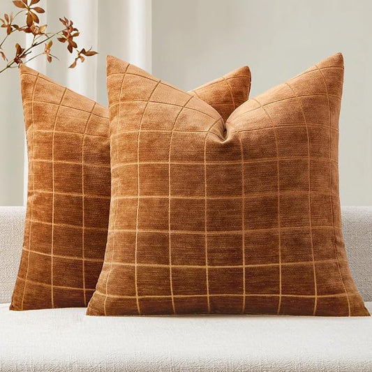 MIULEE Decorative Chenille Check Throw Pillow Covers Vintage Plaid Couch Pillows 20x20 Inch Set of 2 Neutral Boho Farmhouse Cushion Covers Modern Spring Home Decor for Sofa Bed Living Room Bronze