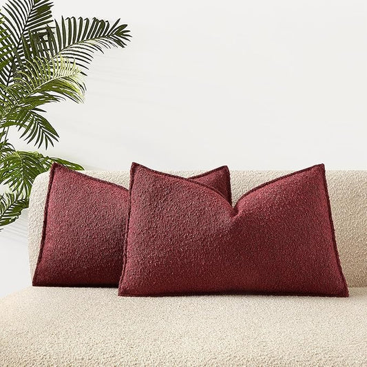 JUSPURBET 12x20 Throw Pillow Covers Set of 2 Decorative Pillow Covers for Couch Sofa Bed Cozy Boucle Textured Lumbar Cushion Covers Cases with Invisible Zipper for Living Room Home Decor,Burgundy