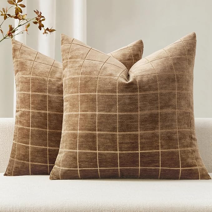 MIULEE Decorative Chenille Check Throw Pillow Covers Vintage Plaid Couch Pillows 20x20 Inch Set of 2 Neutral Boho Farmhouse Cushion Covers Modern Home Decor for Sofa Bed Living Room Toffee