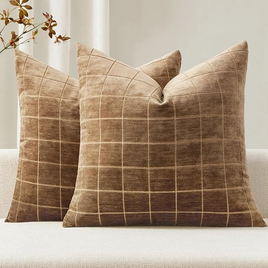 MIULEE Decorative Chenille Check Throw Pillow Covers Vintage Plaid Couch Pillows 20x20 Inch Set of 2 Neutral Boho Farmhouse Cushion Covers Modern Home Decor for Sofa Bed Living Room Toffee