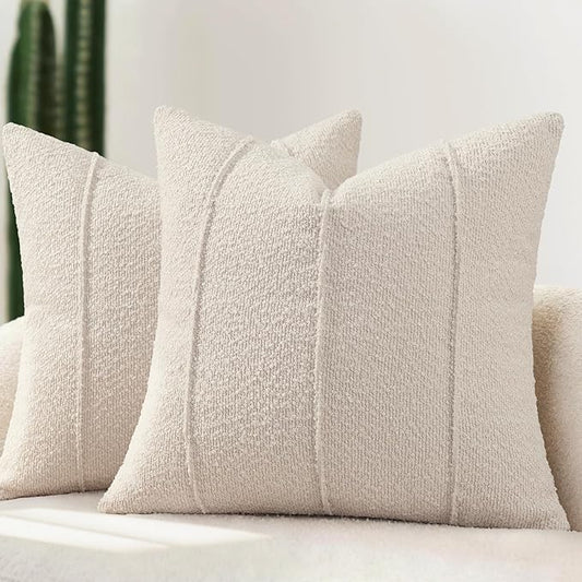 YCOLL Textured Boucle Throw Pillow Covers 22x22 Pack of 2 - Soft Neutral Striped Cushion Covers, Cozy Accent Decorative Pillow Covers for Couch, Sofa, Bed, Living Room (Beige)