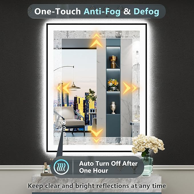 36x36 Black Framed LED Bathroom Mirror with Lights, Backlit & Front Lit, Anti-Fog Lighted Vanity Mirrors for Bathroom Wall, Dimmable, 3 Colors, Memory, Shatter-Proof, Tempered Glass, CRI＞90