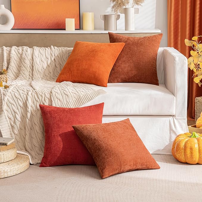 MIULEE Pack of 2 Decorative Throw Pillow Covers Soft Chenille Throw Pillows Solid Textured Cushion Covers for Couch Sofa Bedroom Living Room 18x18 Inch, Dark Rust