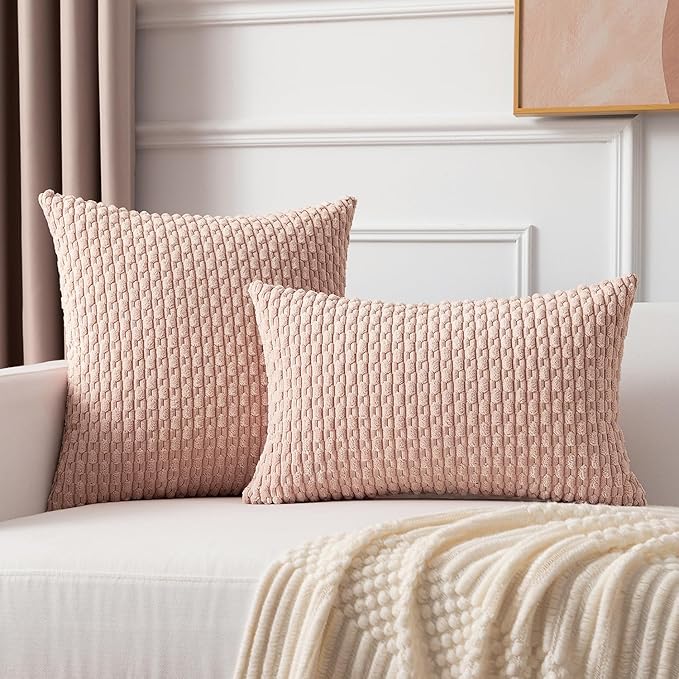 Kevin Textile Pack of 2 Corduroy Decorative Throw Pillow Covers 22x22 Inch Soft Boho Striped Pillow Covers Modern Home Decor Valentines Day Gifts for Spring Sofa Living Room Couch Bed Light Pink
