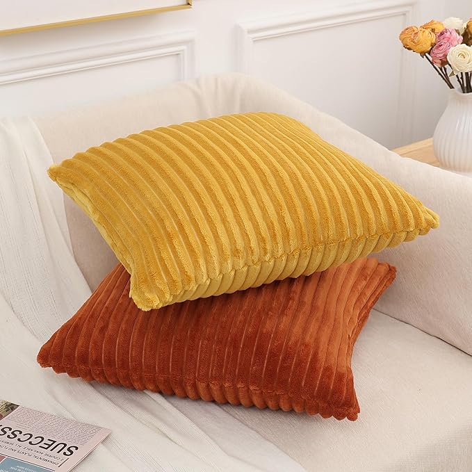 Simmore Decorative Spring Throw Pillow Covers 18x18 Set of 2, Soft Natural Plush Flannel Double-Sided Fluffy Couch Pillow Covers for Sofa Living Room, Mustard Yellow