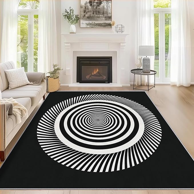 Black and White Circle Rugs for Home Decor, 5x6 ft, Abstract Op Art Area Rugs for Living Room, Soft Non Slip Washable Modern Geometric Carpet Bedroom Decorations Dt-Ghf-31